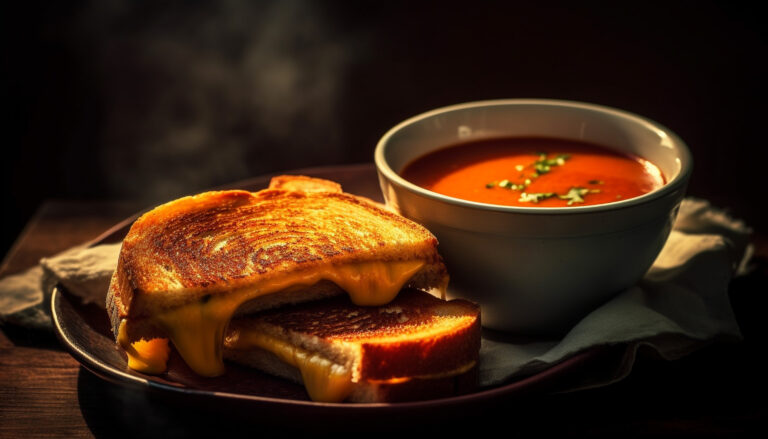 Ready to eat gourmet meal on rustic table generative AI